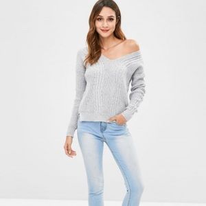 Zaful Cross Cable Knit V Neck Sweater